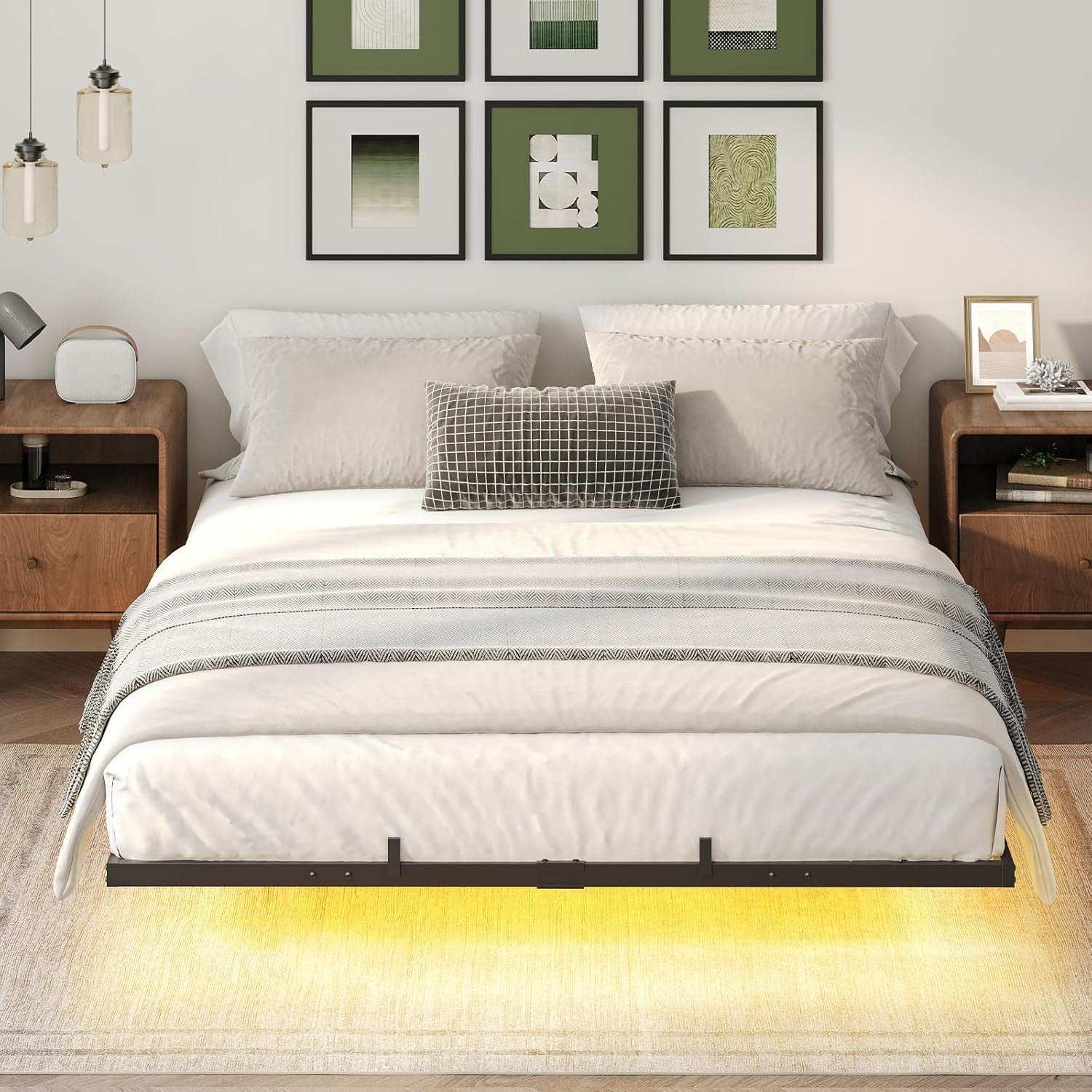 Floating Bed Frame Full Size, Bed Frame with Charging Station and LED Lights, Industrial Style Metal Platform Full Bed, Soundless, No Box Springs Needed, Black