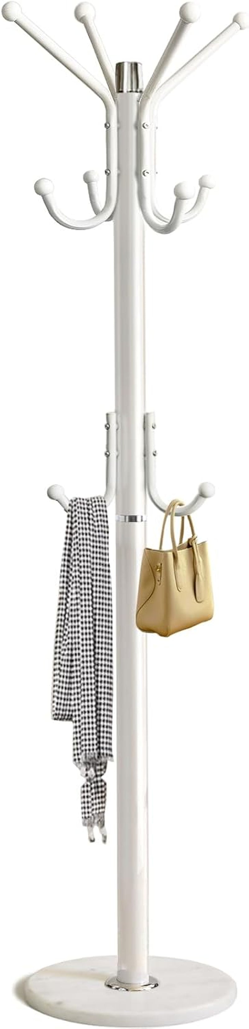 Modern Coat Rack Freestanding with Natural Marble Base & Sturdy Metal Frame, 11 Hooks Hall Tree for Jackets, Hats, Bags, Entryway Organizer for Bedroom, Living Room, Closet (White)