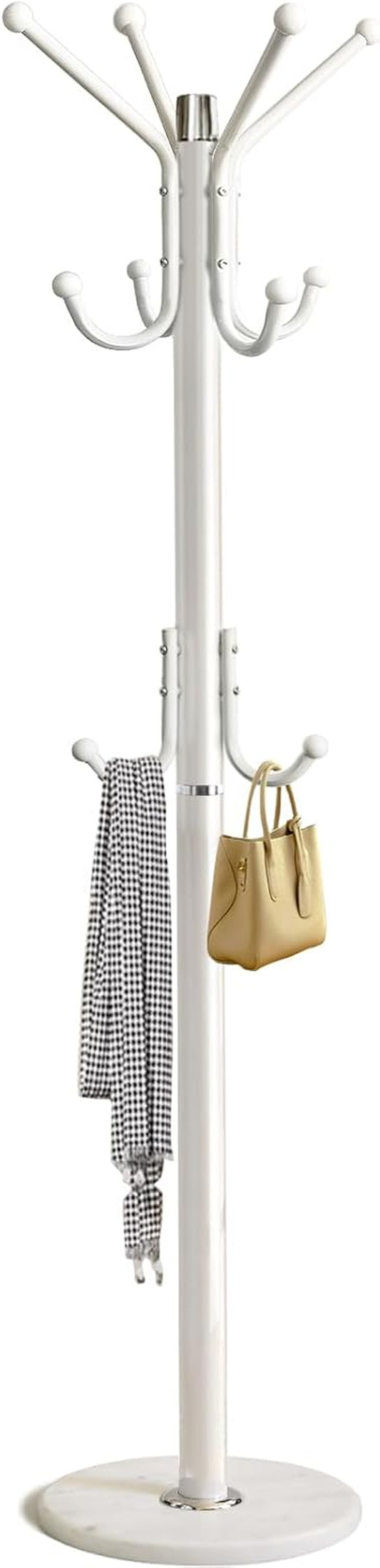 Modern Coat Rack Freestanding with Natural Marble Base & Sturdy Metal Frame, 11 Hooks Hall Tree for Jackets, Hats, Bags, Entryway Organizer for Bedroom, Living Room, Closet (White)