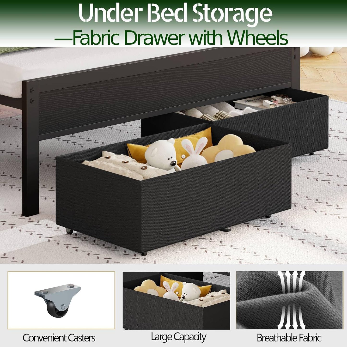 Twin Bed Frames with Charging Station and LED Lights, Grey Upholstered Headboard with Shelves, Metal Platform Bed with 2 Under-Bed Storage (Fabric Drawer on Wheels), No Box Spring Needed