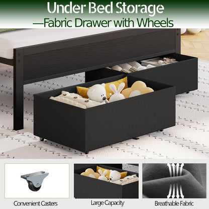 Twin Bed Frames with Charging Station and LED Lights, Grey Upholstered Headboard with Shelves, Metal Platform Bed with 2 Under-Bed Storage (Fabric Drawer on Wheels), No Box Spring Needed