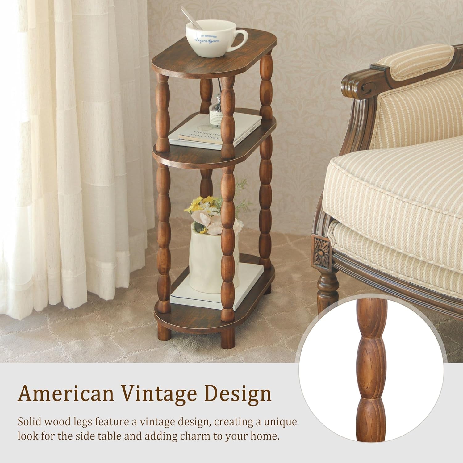 Small Narrow Side Table, 3-Tier Narrow End Table with Storage, Skinny Side Table Nightstand for Small Space, Bedrooms, Living Room (Rustic Brown)