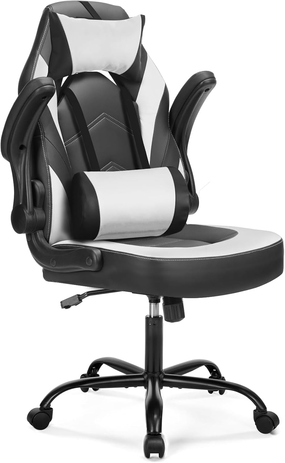 Computer Gaming Chair with Flip-Up Armrest, Ergonomic Office Desk Chair with Headrest for Adults and Teenagers, Height Adjustable Video Game Chair with Lumbar Pillow, White