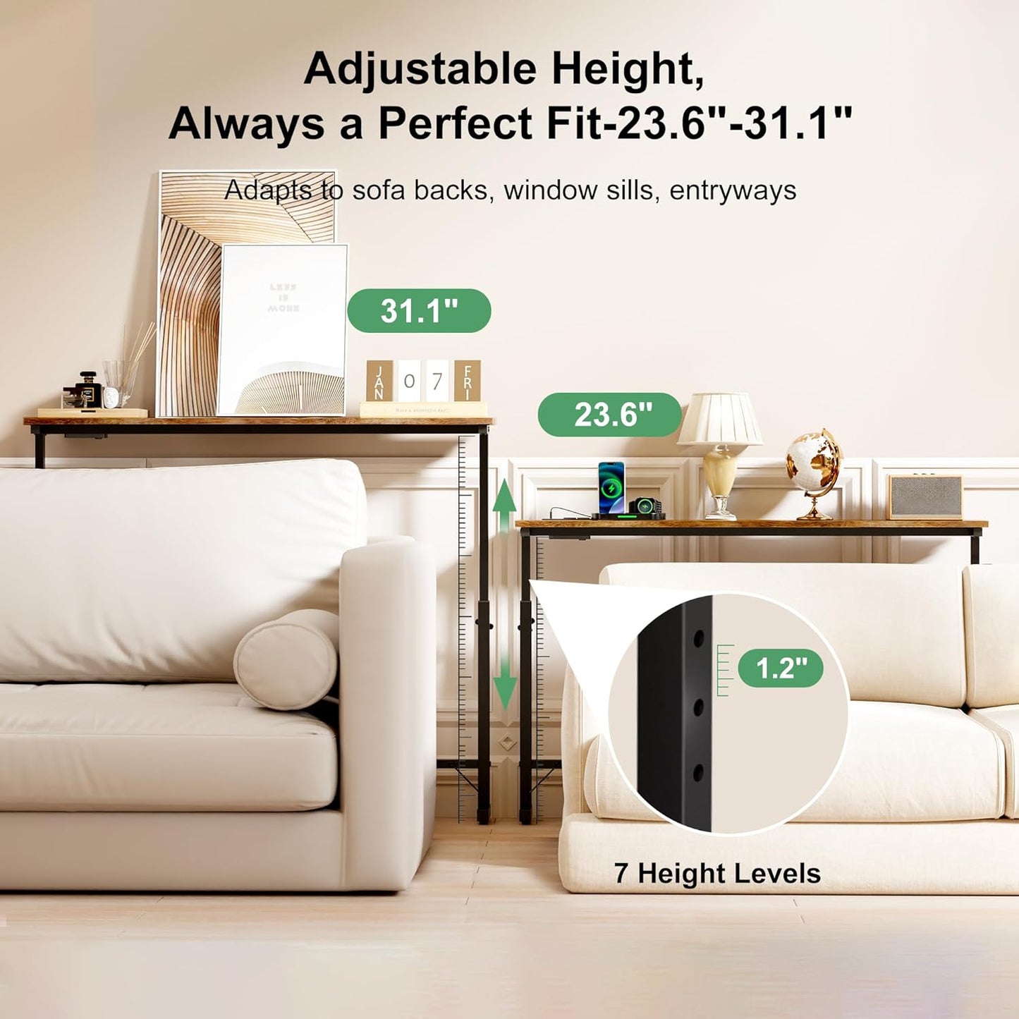 2 Pack 79" Narrow Console Table with Adjustable Height(23"-31") behind Couch Sofa Table with 2 Power Outlets 79"*5.9" Long Entryway Table for Hallway Bedroom Living Room Foyer Rustic Brown