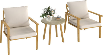 Outdoor Bistro Set, 3 Piece Patio Set, Wood Effect Steel round Table and Chairs with Wide and Deep Seat, Small Conversation Patio Furniture with Cushions for Backyard, Porch, Cream White