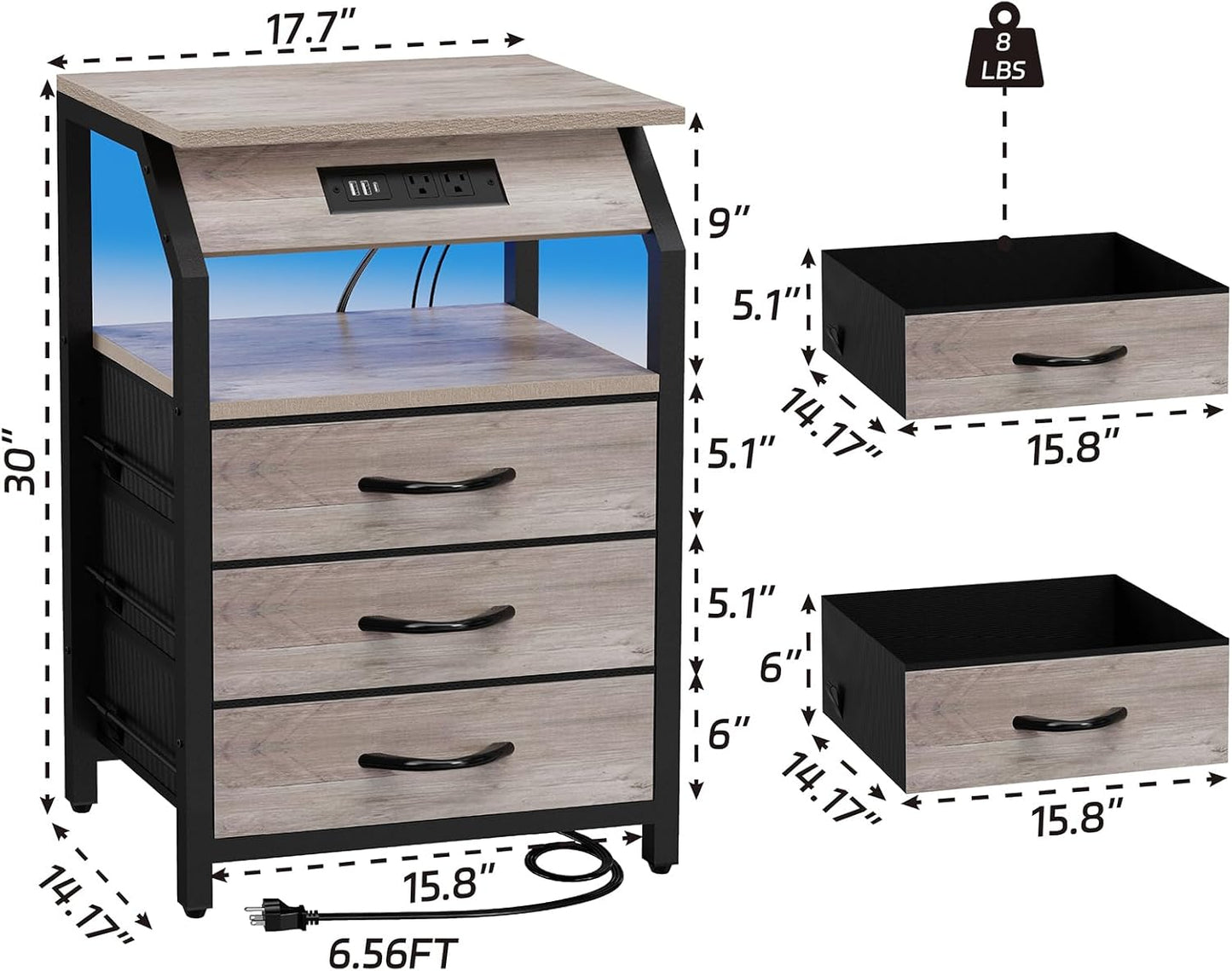 Night Stand Set of 2, Nightstands with Charger Station and LED Lights, End Tables Set with 3 Fabric Drawers, Storage Side Tables for Bedside, Living Room, Greige