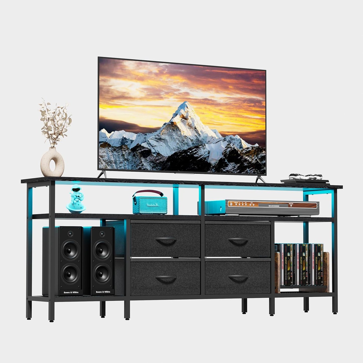 TV Stand for 55/60/65/70 Inch TV, Modern Entertainment Center with LED Lights and Power Outlets, TV Stand with Drawers and Shelves, Media Console with Storage for Living Room Bedroom, Black