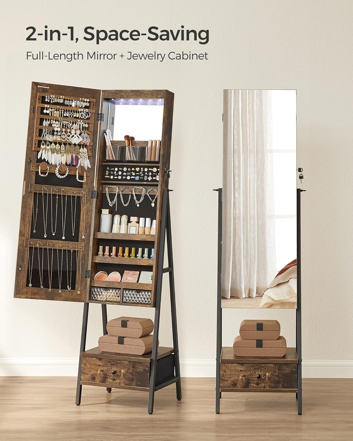 LED Cabinet Standing, Lockable Jewelry Armoire with Full-Length Mirror, Space-Saving Jewelry Organizer with Mirror, Bottom Drawer and Shelf, Gift Idea, Rustic Brown UJJC025X01