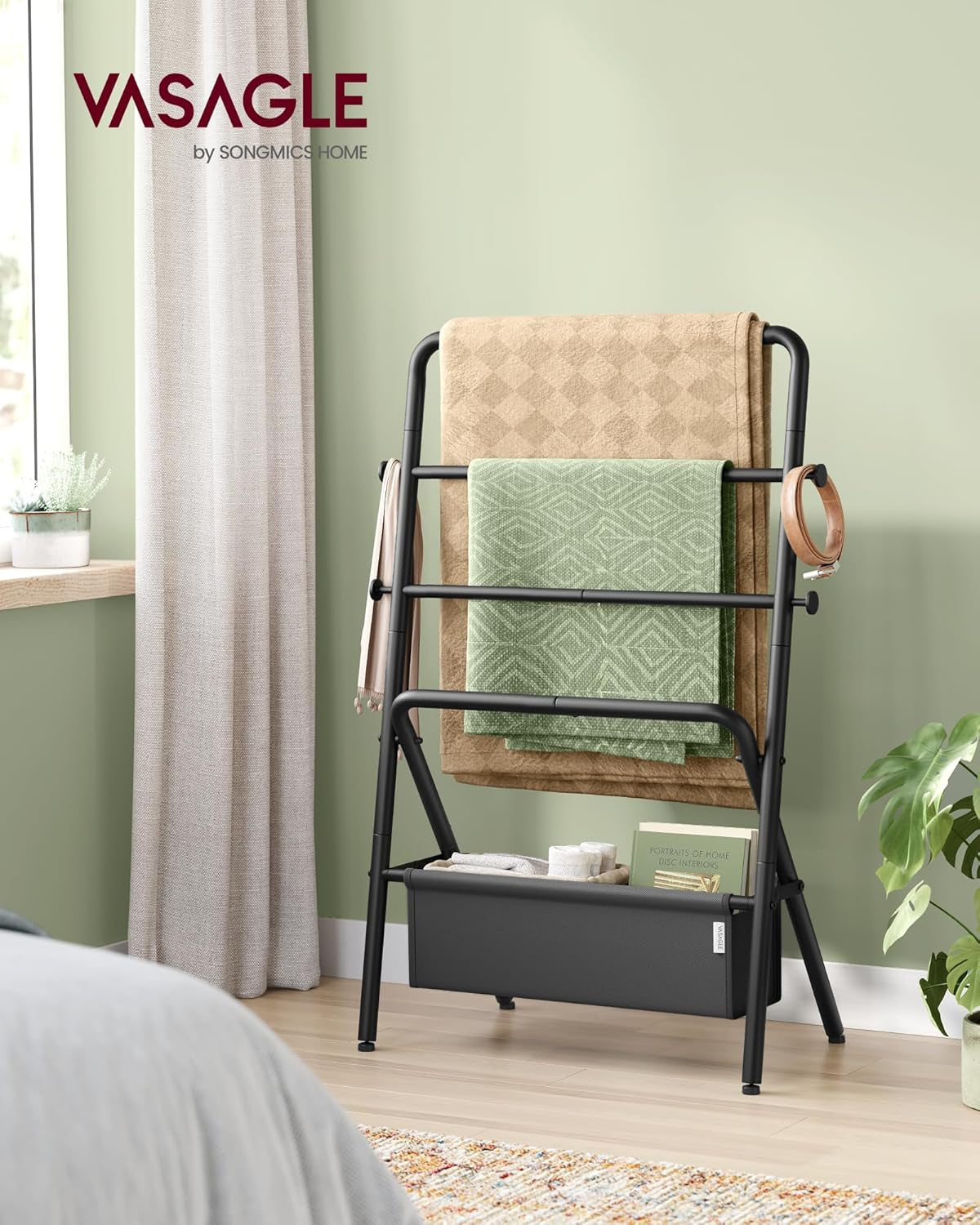Freestanding Towel Rack, Foldable Blanket Holder, Towel Holder with 4 Hooks, Fabric Basket, 39 Inches High, for Bedroom, Living Room, Bathroom, Ink Black and Slate Gray ULLS020B01