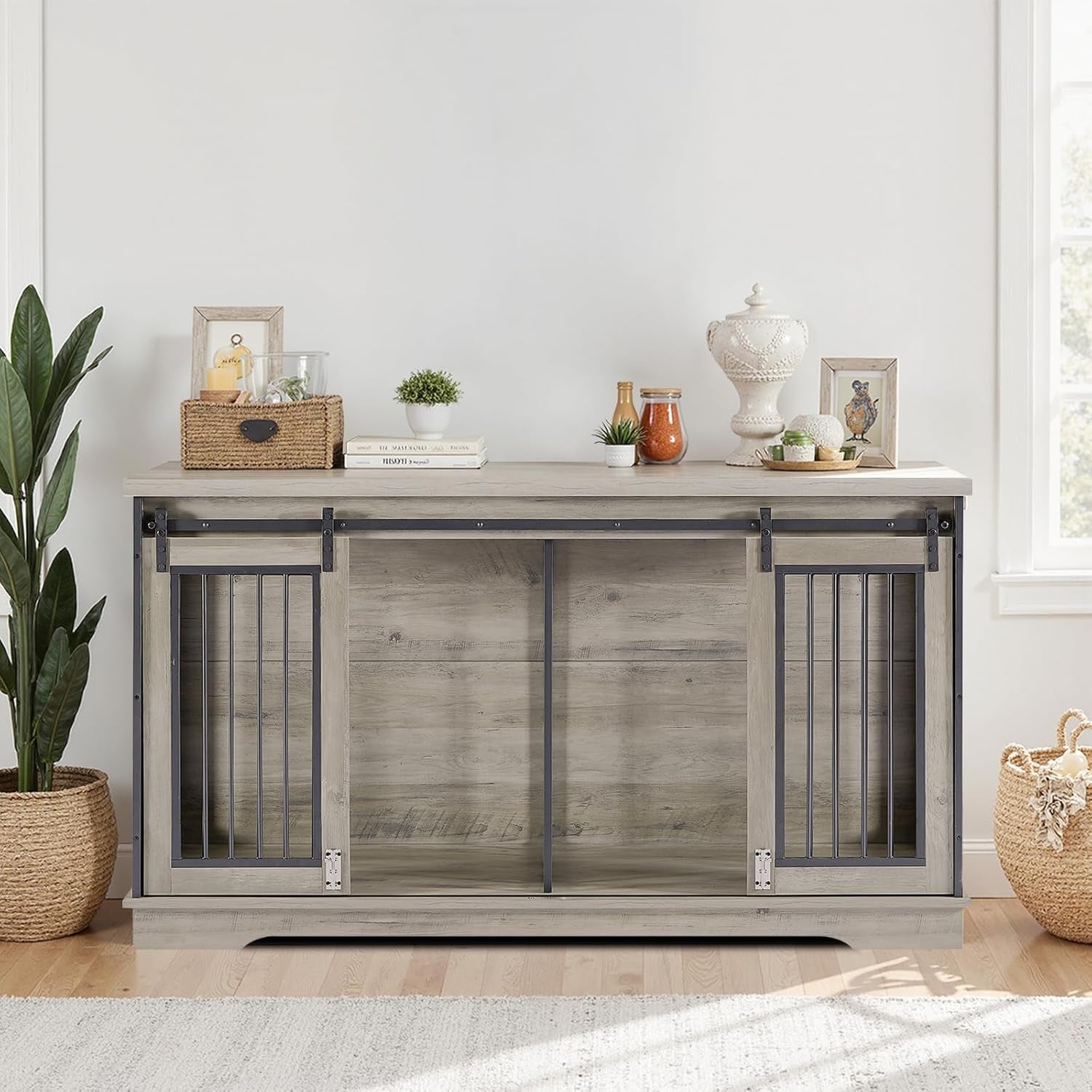 60.6" Double Dog Crate Furniture, Large Dog Kennel Furniture TV Stand for 2 Dogs, Furniture Style Dog Crates End Table, Wood Crates for Dogs Grey