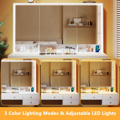 Vanity Desk with Mirror and Lights, 50" Makeup Vanity with Glass Top & Power Outlet, White Vanity with 11 Drawers & 8 Hidden Storage Shelves, 3 LED Lighting Modes Adjustable for Bedroom