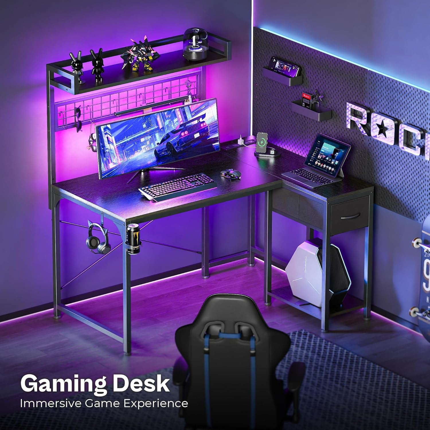 L Shaped Gaming Desk with Shelves, Corner Computer Table with LED Lights, Power Outlets and USB-C Ports, 42 Inch Reversible Home Office Desk with Storage Drawer, for Work and Study, Black