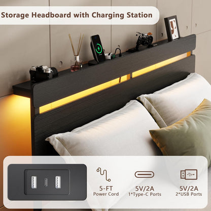 Queen Bed Frame with Wood Headboard, Black Platform Bed with 2 Storage Drawers & Shelf, Built-In Charging Station & LED Lights, Metal Support, No Box Spring Needed, Cama Queen Size