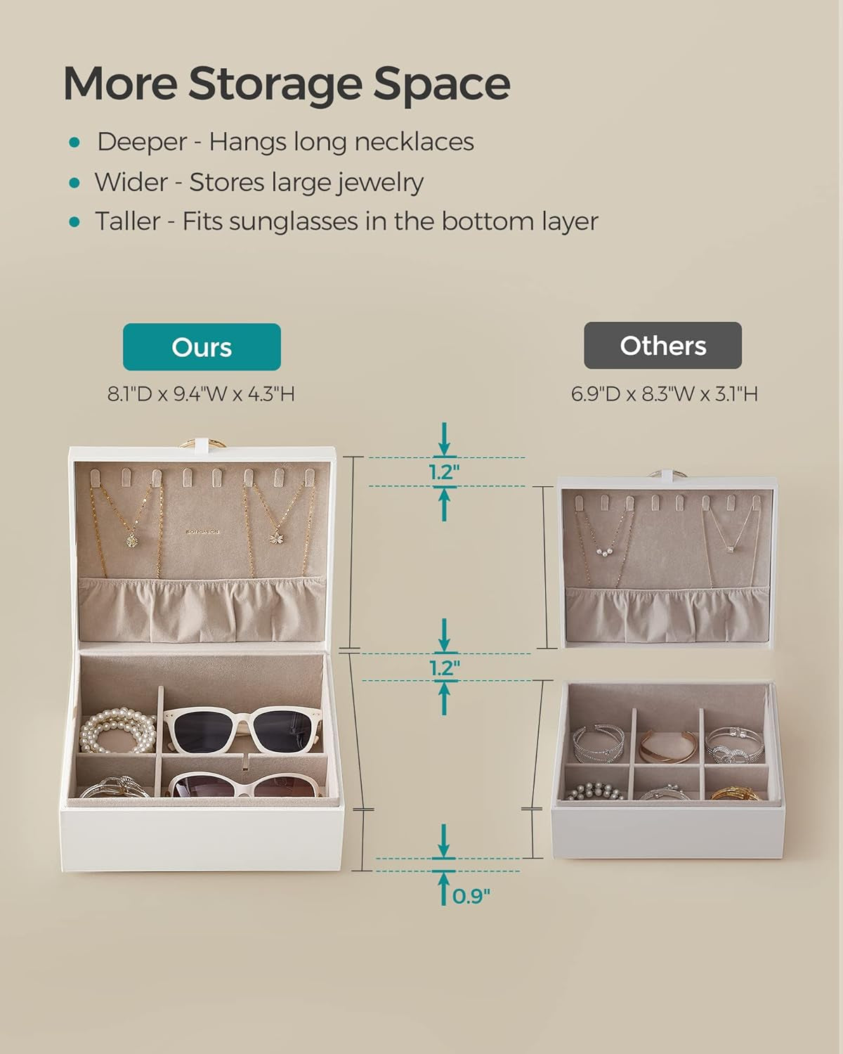 2-Layer Jewelry Box Bundle with Watch Case, Jewelry Organizer with Removable Tray, 3-Slot Watch Travel Box, Gift Idea, White and Ink Black UJBC165W01 and UJWB017B01