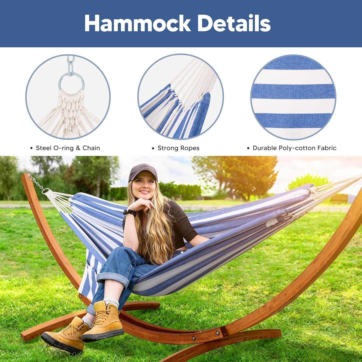 Hammocks for outside with Stand, Porch Hammock and Stand, 475 Lbs Capacity, Blue & White