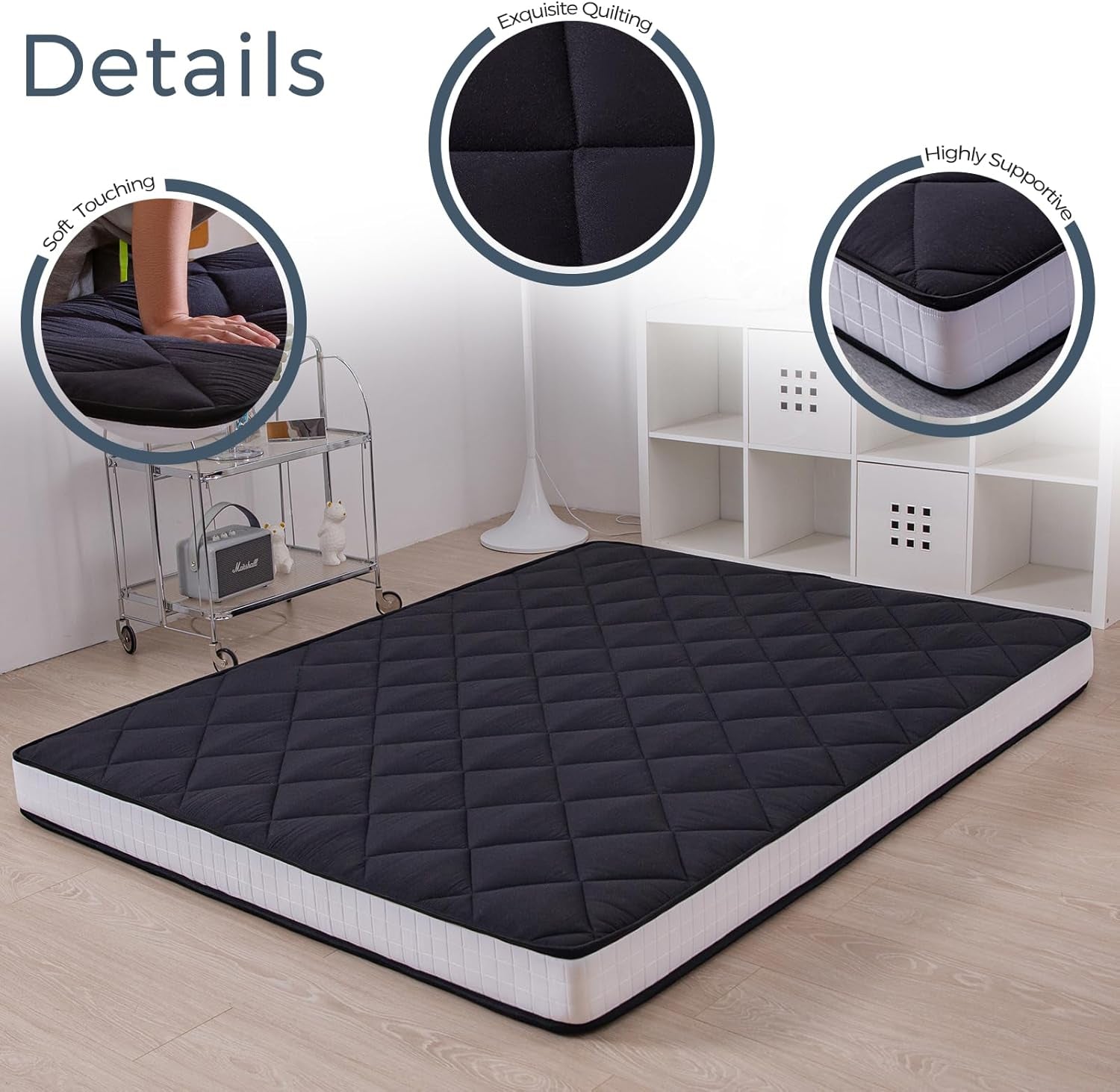 6" Extra Thick Futon Mattress, Queen Size Diamond Pattern Mattress Pad Tatami Pad Japanese Floor Mattress for Adults Guest Mattress, Black