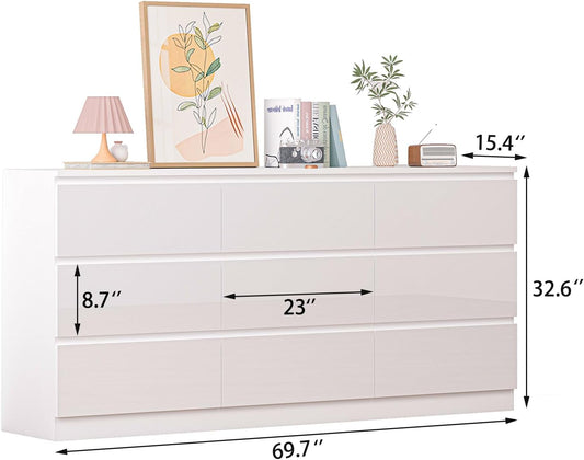 70 INCH 9 Drawers Dresser with Power Outlet, Wide High Gloss Chest of Drawers Large, Modern Storage Drawer Dresser for Bedroom, White