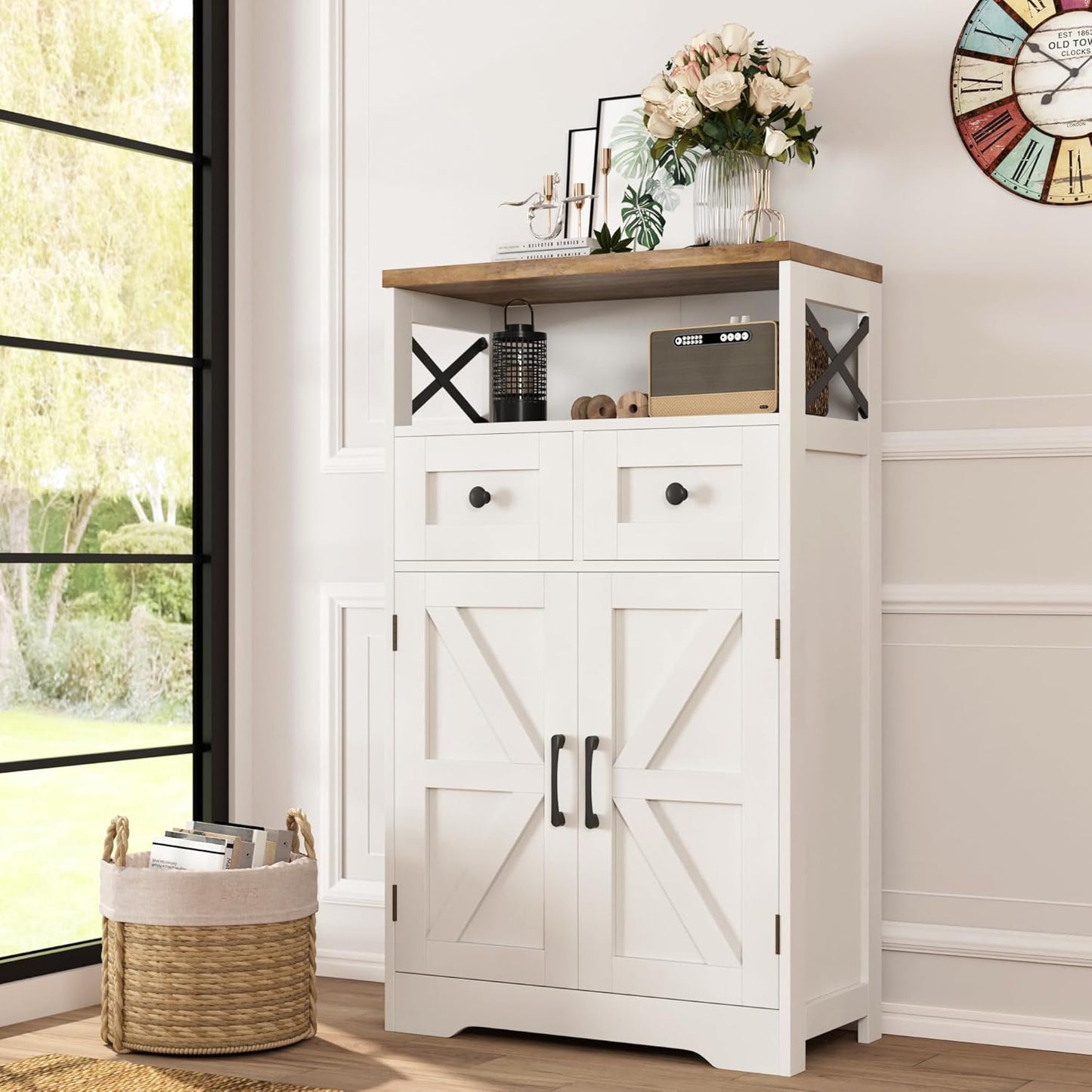 Farmhouse White Storage Cabinet with Doors and Drawers, Freestanding Kitchen Pantry Cabinet, Floor Storage Cabinet Hutch Cupboard for Kitchen, Living Dining Room, Bathroom