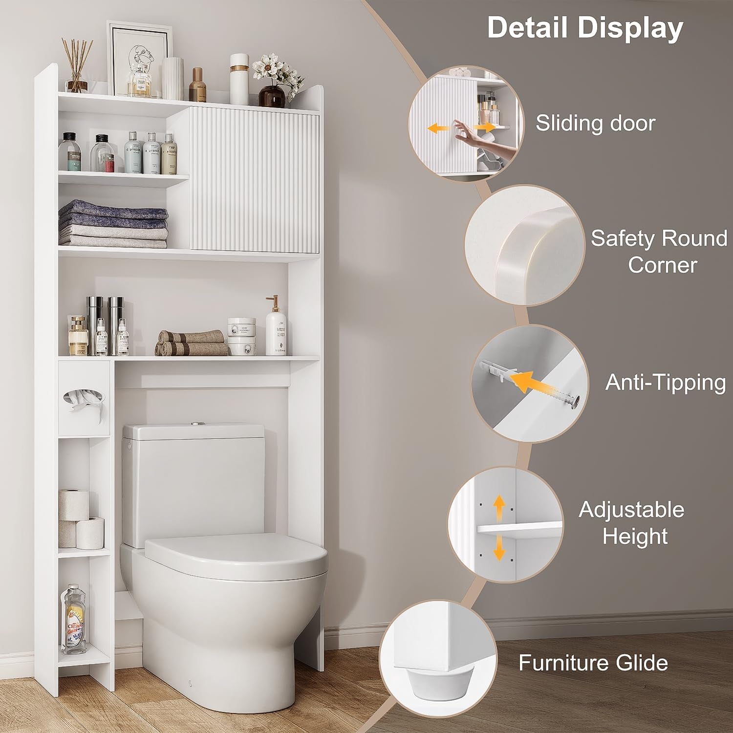 31.5" W over the Toilet Storage Cabinet with Sliding Door, Bathroom above Toilet Storage Cabinet with Adjustable Shelves, Toilet Paper Holder, Space Saver Cabinet for Bathroom, White