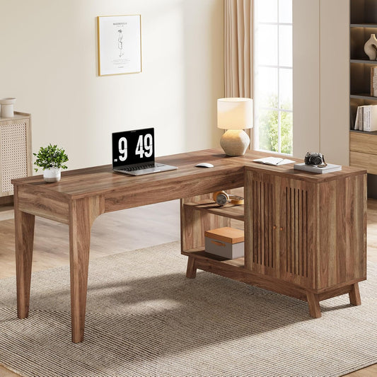 L-Shaped Desk with Storage Cabinet, 57-Inch Wood Corner Workstation, Home Office Computer Desk, Study Writing Table for Bedroom, Walnut