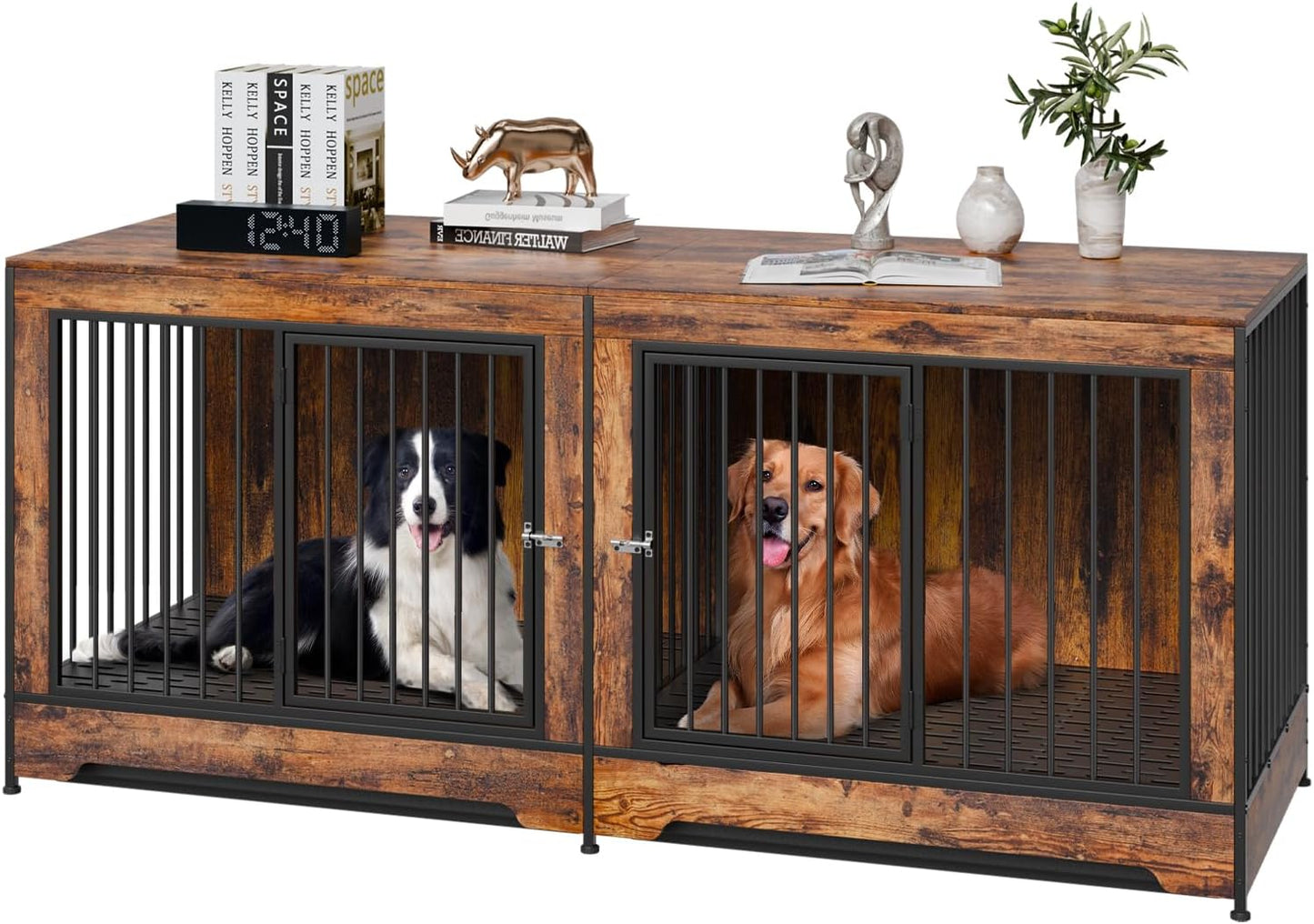 75" Dog Crate Furniture for 2 Dogs,Extra Large Double Dog Crate Furniture Large Breed with Divider & Double Doors,Large Wooden Dog Crate Furniture TV Stand for Medium Large Dogs Brown