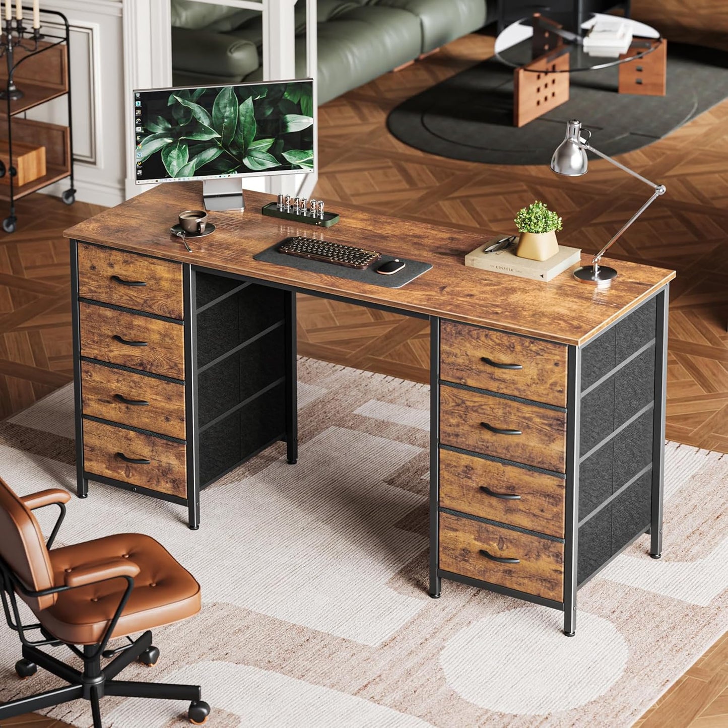 55 Inch Computer Desk with 8 Fabric Drawers, Office Desk Work Desk for Home Office, Study, Gaming Desk with Drawers, Large Storage, Rustic Brown