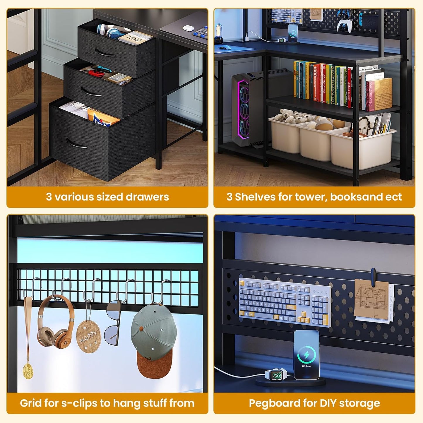 Twin Size Loft Bed with L-Shaped Gaming Desk, Storage Drawers & Hutch, Expanded Safety Power Outlet, Metal Loft Bed Frame with RGB Lights, Space Saving for Teens, Black