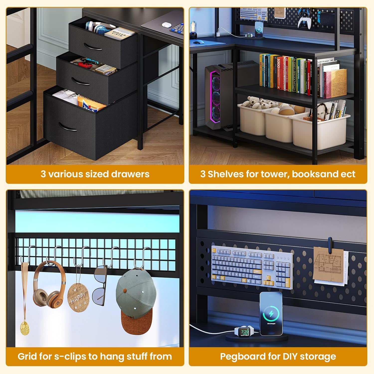 Twin Size Loft Bed with L-Shaped Gaming Desk, Storage Drawers & Hutch, Expanded Safety Power Outlet, Metal Loft Bed Frame with RGB Lights, Space Saving for Teens, Black