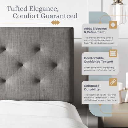 Diamond-Tufted Mid-Rise Upholstered Headboard, Wall or Bed Frame Mount - Full or Queen (Gray)