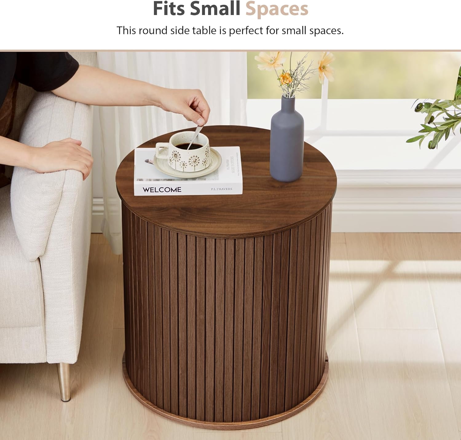 Nesting round Side Table Set of 2, Half-Moon End Tables with Storage Lids, Accent Fluted Bedside Tables with Metal Frame, Sofa Table Nightstand for Bedroom Living Room (1 Round, Walnut)