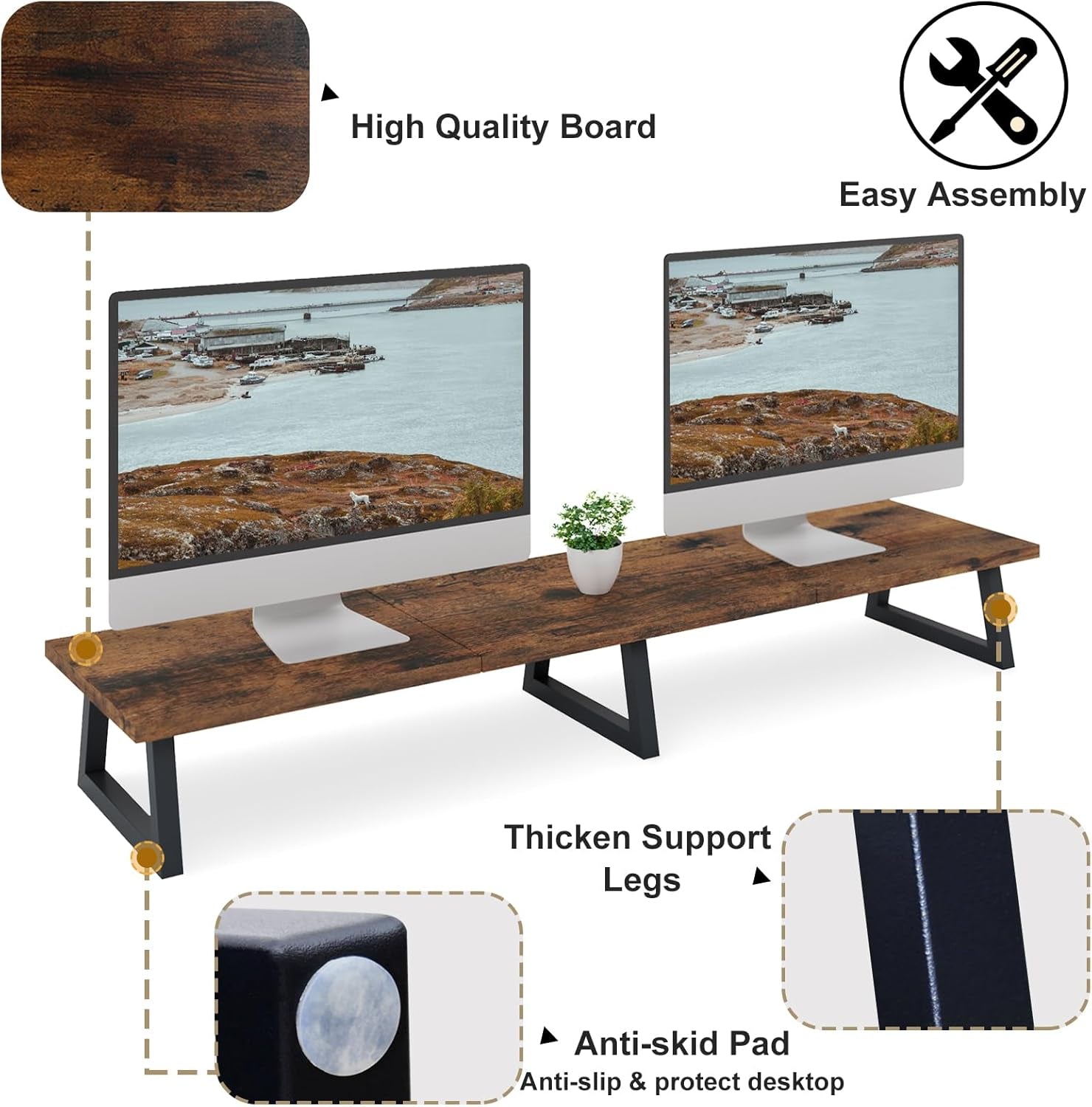 42 Inch Large [Dual] [Monitor] [Riser],Rustic Brown Extra Long TV [Stand Wood & Steel Desktop [Riser] with Storage for [Dual] Screen Office Desk Organization