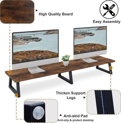 42 Inch Large [Dual] [Monitor] [Riser],Rustic Brown Extra Long TV [Stand Wood & Steel Desktop [Riser] with Storage for [Dual] Screen Office Desk Organization