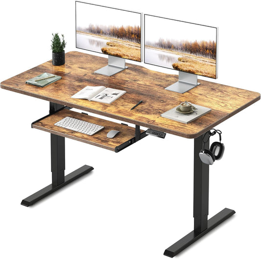 Standing Desk with Keyboard Tray, 55 X 24 Inch Adjustable Height Sit Stand Desk with Memory Presets for Home Office, Ergonomic Computer Workstation, Rustic Brown