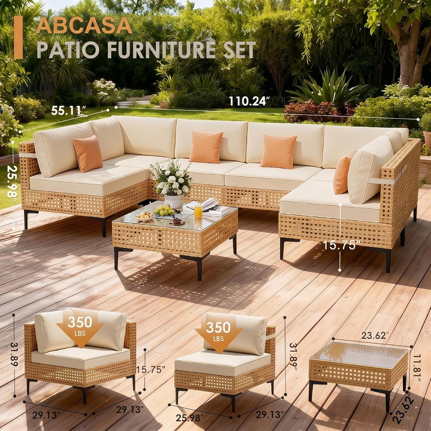 Patio Furniture Set, 110" Large 7-Piece Wicker Outdoor Patio Furniture Sets with Anti-Slip Cushions & Coffee Table,Boho Patio Conversation Set Sectional Sofa for Backyard,Porch,Beige