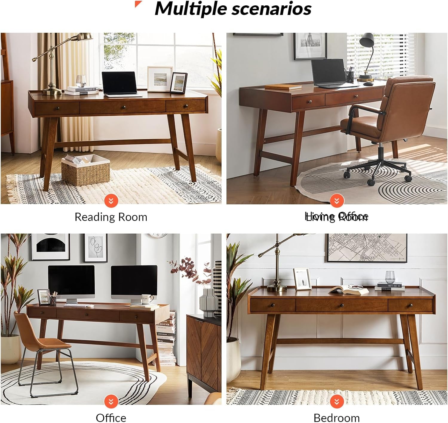Home Office Desk with 3 Drawers & Solid Wood Legs, Writing Table with Charging Station & Cable Management, Mid Century Modern Desk for Bedroom/Living Room/Study/Workstation, Walnut