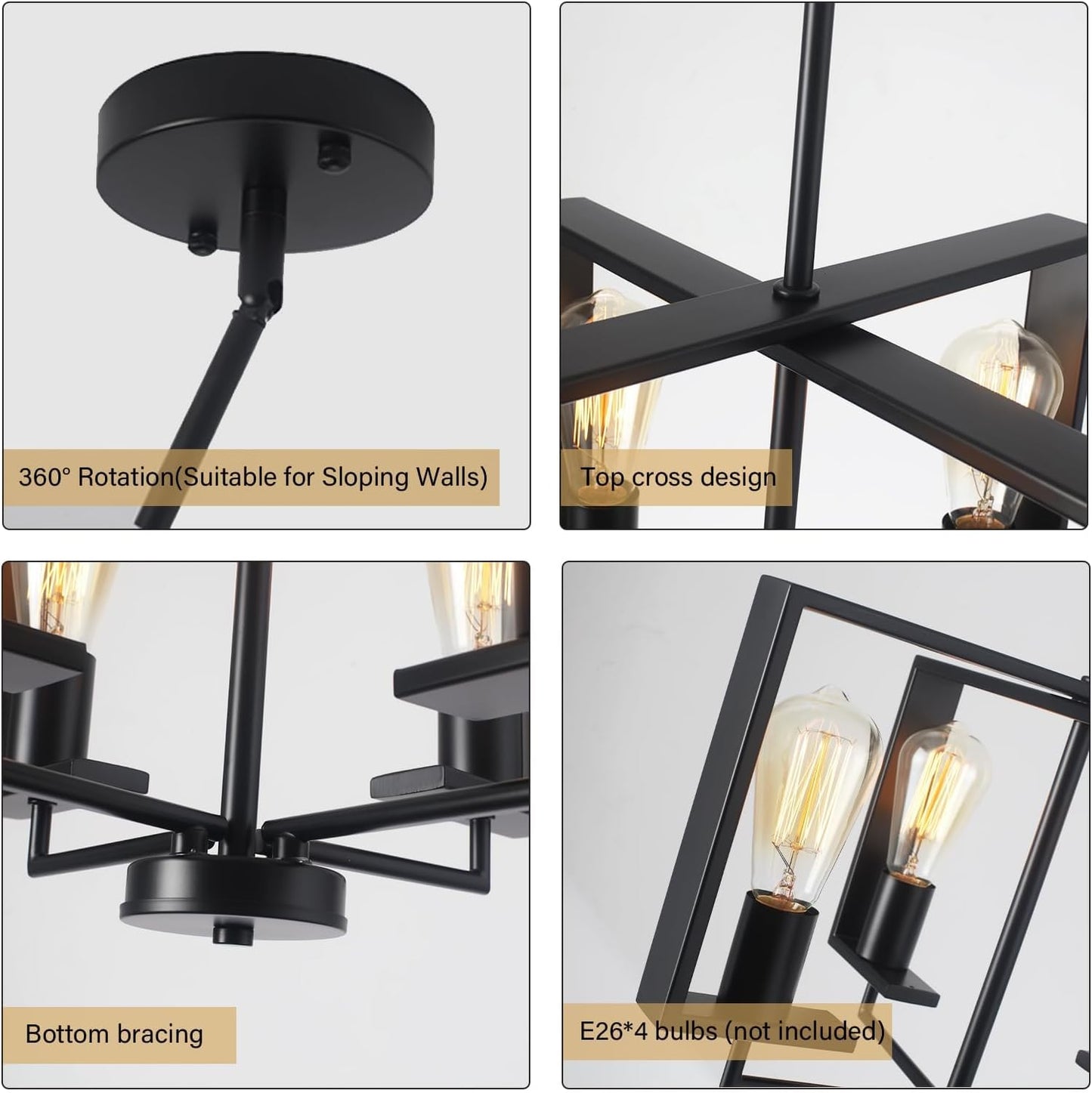 Modern Chandeliers for Dining Room, Black Farmhouse Chandelier, 4 Lights Industrial Pendant Light Fixture Adjustable Hanging Lights for Living Room Entryway Kitchen (Black, 16.14"【4 Lights】)