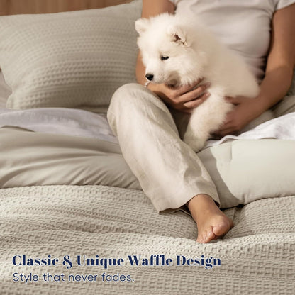 Soft Waffle Comforter Set King Size- Comfy Breathable Waffle Weave Comforter with 2 Pillow Shams, 3 Pieces Less Snagging Lightweight Textured Bedding Set for All Season, Natural/Linen