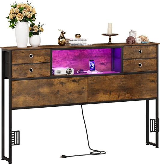 Queen Size Headboard with 4 Fabric Storage Drawers Charging Station LED Light Adjustable Height Storage Rack Sturdy and Stable Metal Frame & Wood Shelf (Rustic Brown, Queen (U.S. Standard))