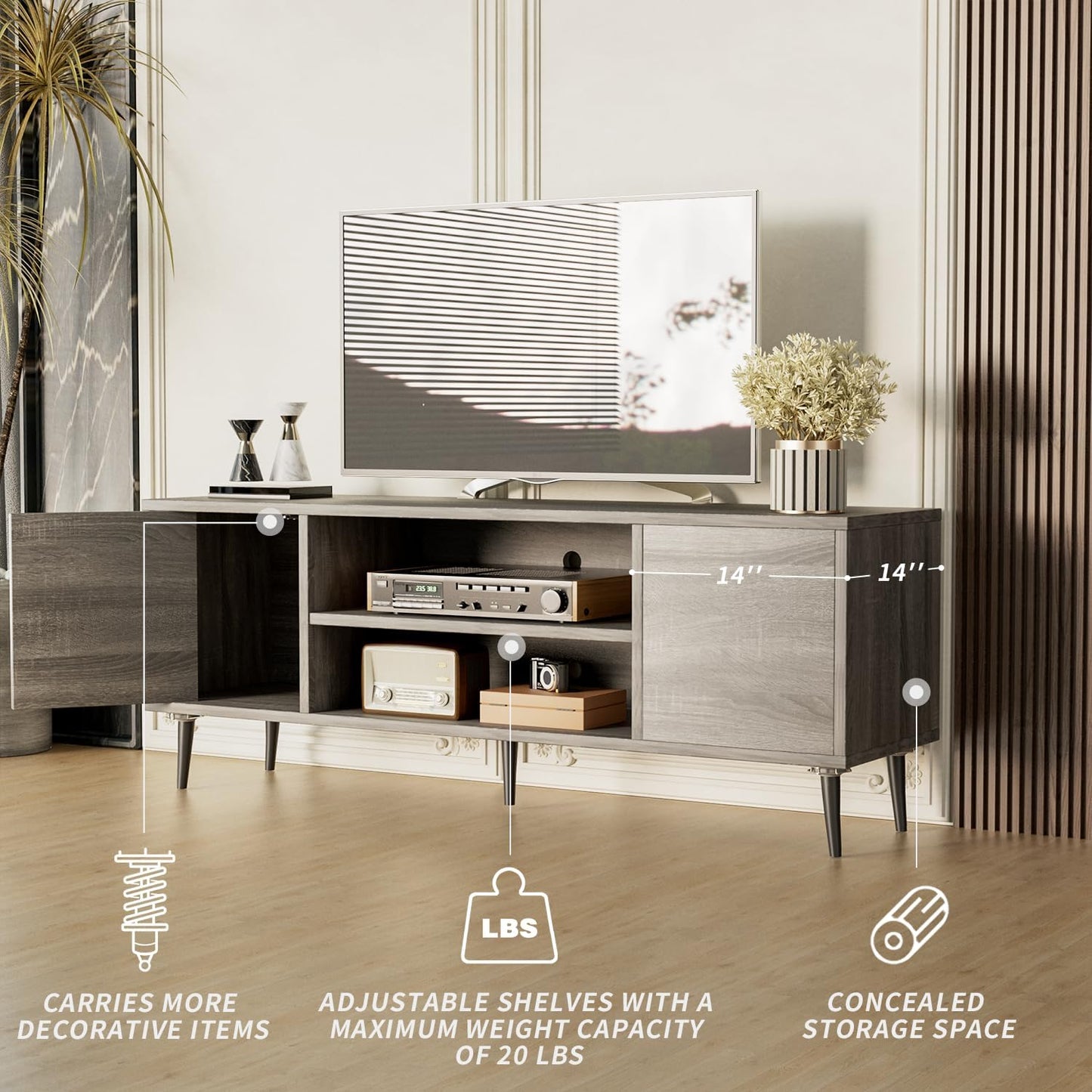 TV Stand for 65 Inch TV, Mid Century Modern TV Stand, Entertainment Center with Storage Cabinet and Open Shelves, TV Console Table Media Cabinet for Living Room, and Bedroom (Gray)