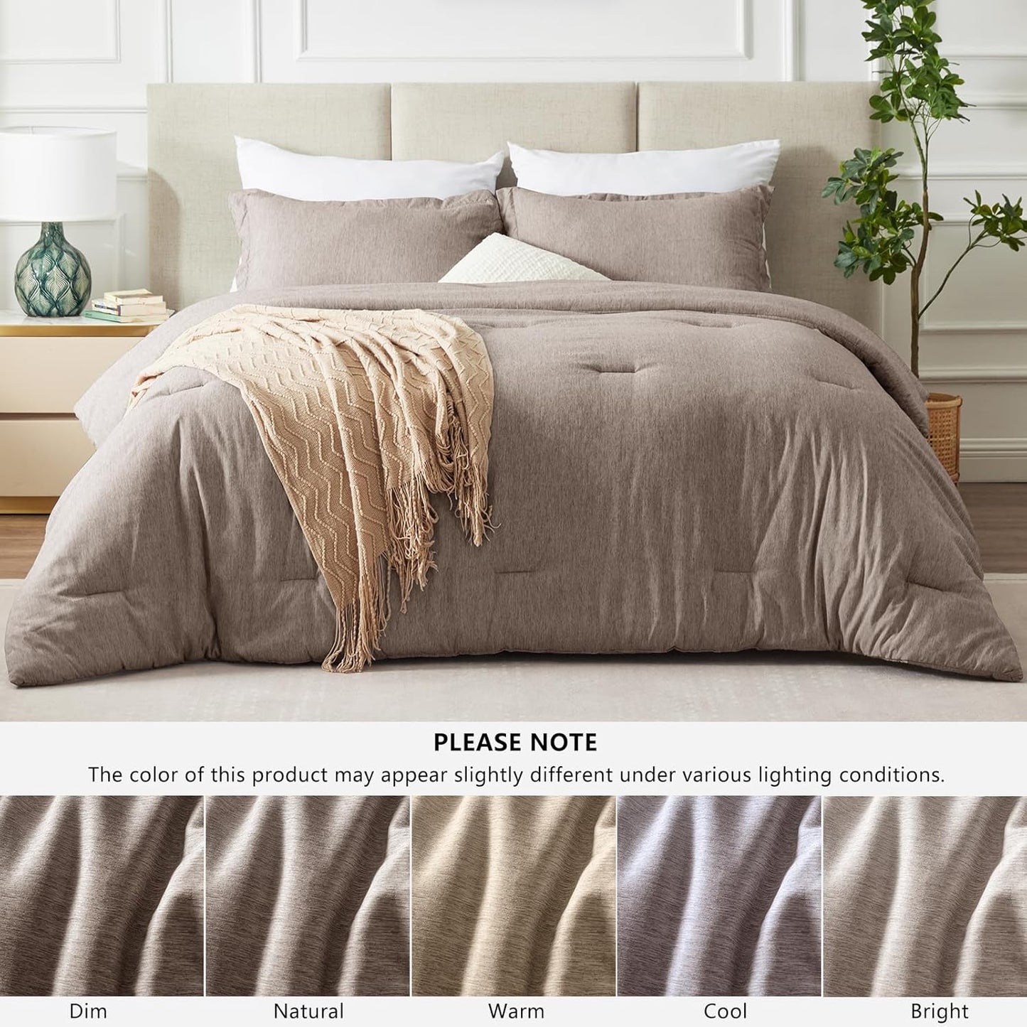King Size Comforter Set 3 Pieces, Heathered Khaki Soft Luxury King Bedding Sets, Breathable Lightweight down Alternative Comforter with 2 Pillow Shams, All Season Bed Set Gift for Home