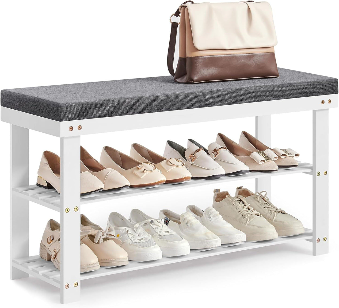 Bamboo Shoe Bench, 3-Tier Shoe Rack Organizer for Entryway, Living Room, Bench Seat Holds up to 300 Lb, 11.9 X 28.3 X 19.2 Inches, Rustic Walnut and Slate Gray ULBS604CG