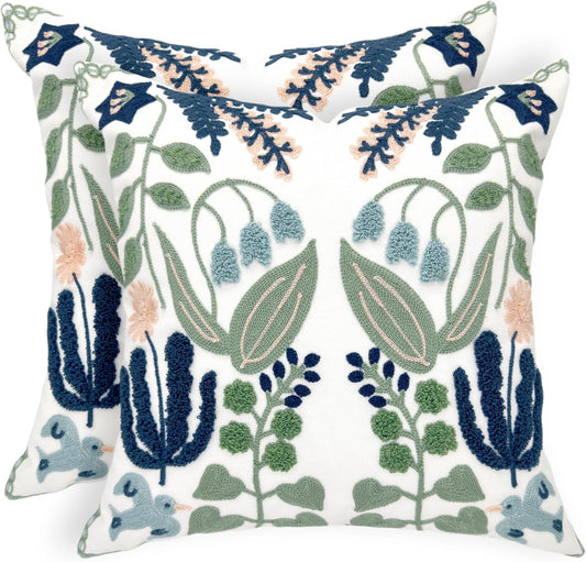 Summer Floral Embroidered Decorative Throw Pillow Covers 18"X 18" Set of 2, Farmhouse Navy Blue Flowers Green Leaves Tufted Patterned Cotton Cushion Cases for Couch Bed Living Room Decor
