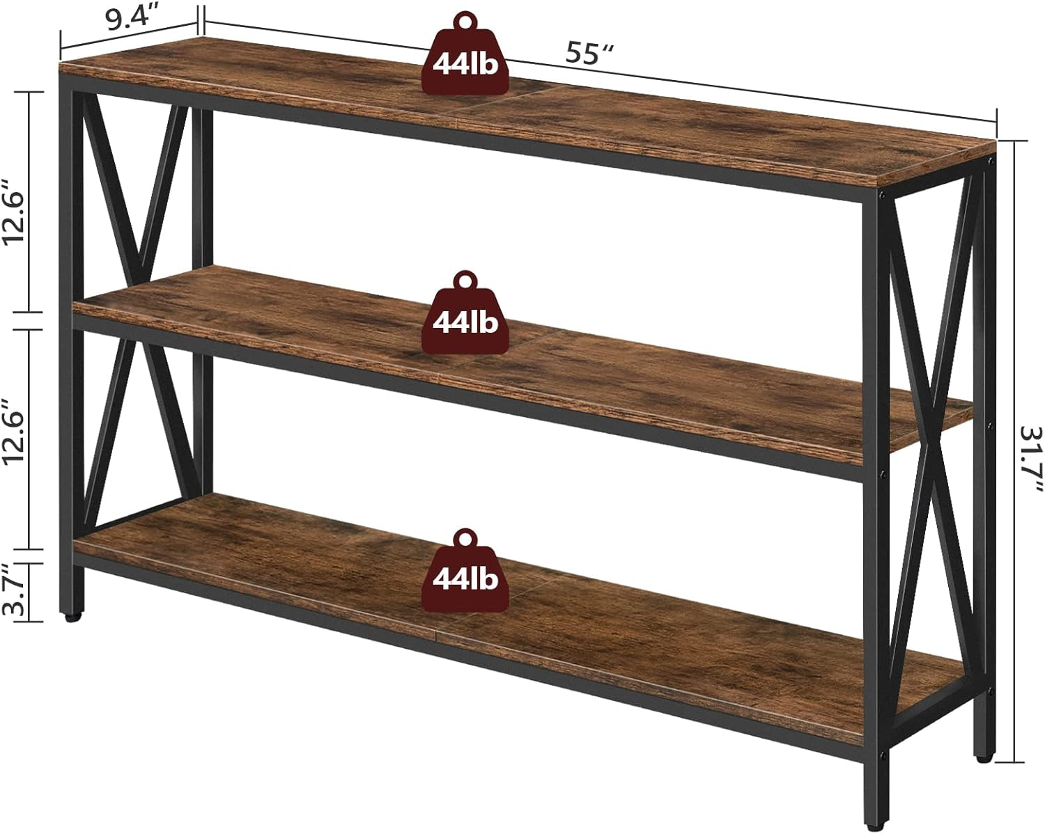 55" Sofa Table, Industrial Console Table, 3-Tier Narrow Side Table with Open Shelves, Foyer Table for Entryway, Hallway, Kitchen, Living Room and Bedroom, Rustic Brown CTHR80401
