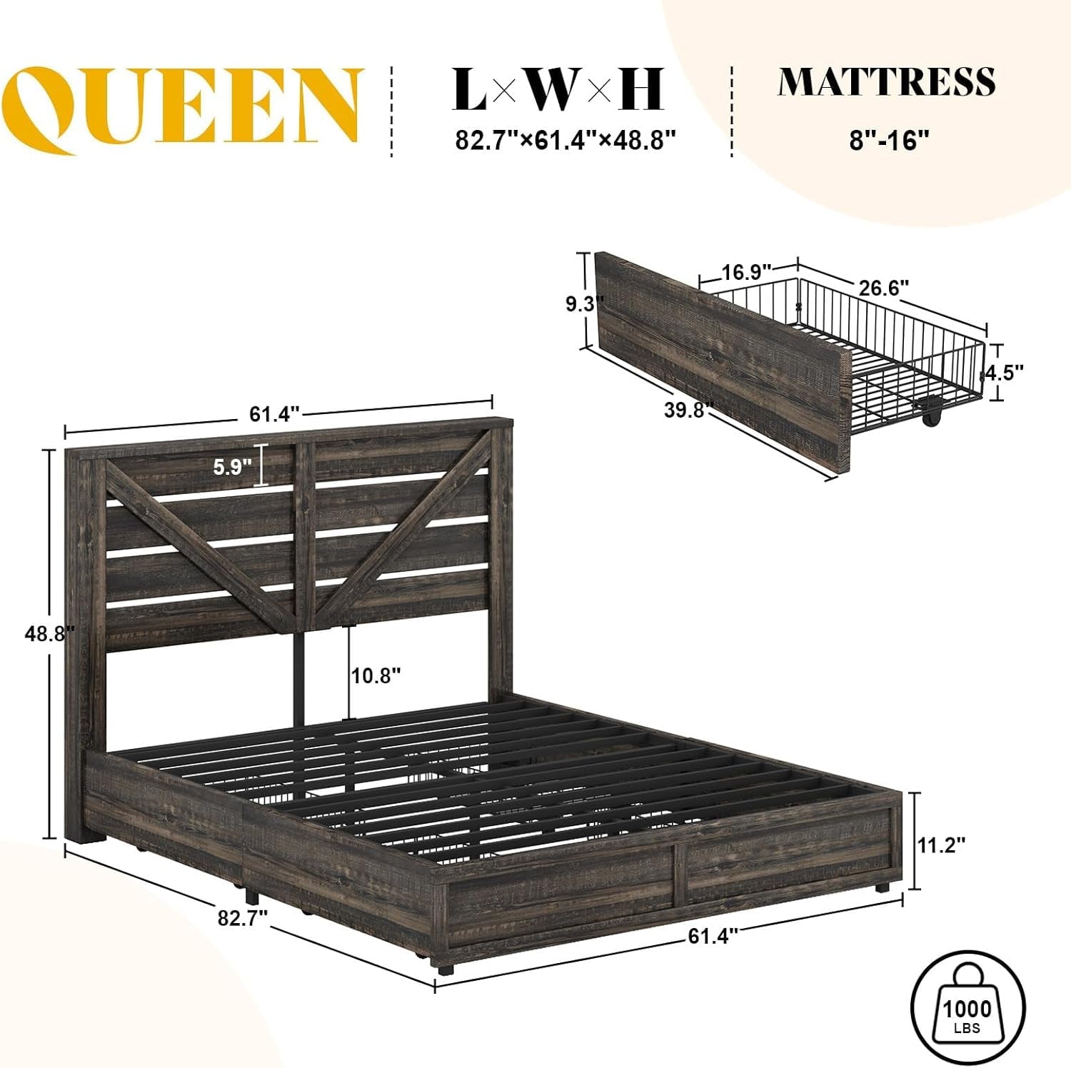 Farmhouse Bed Frame with 4 Drawers, Wooden Storage Bed Frame with Headboard and Heavy Duty Metal Slats, Noisy Free, Easy Assemble (Rustic Black, Queen)