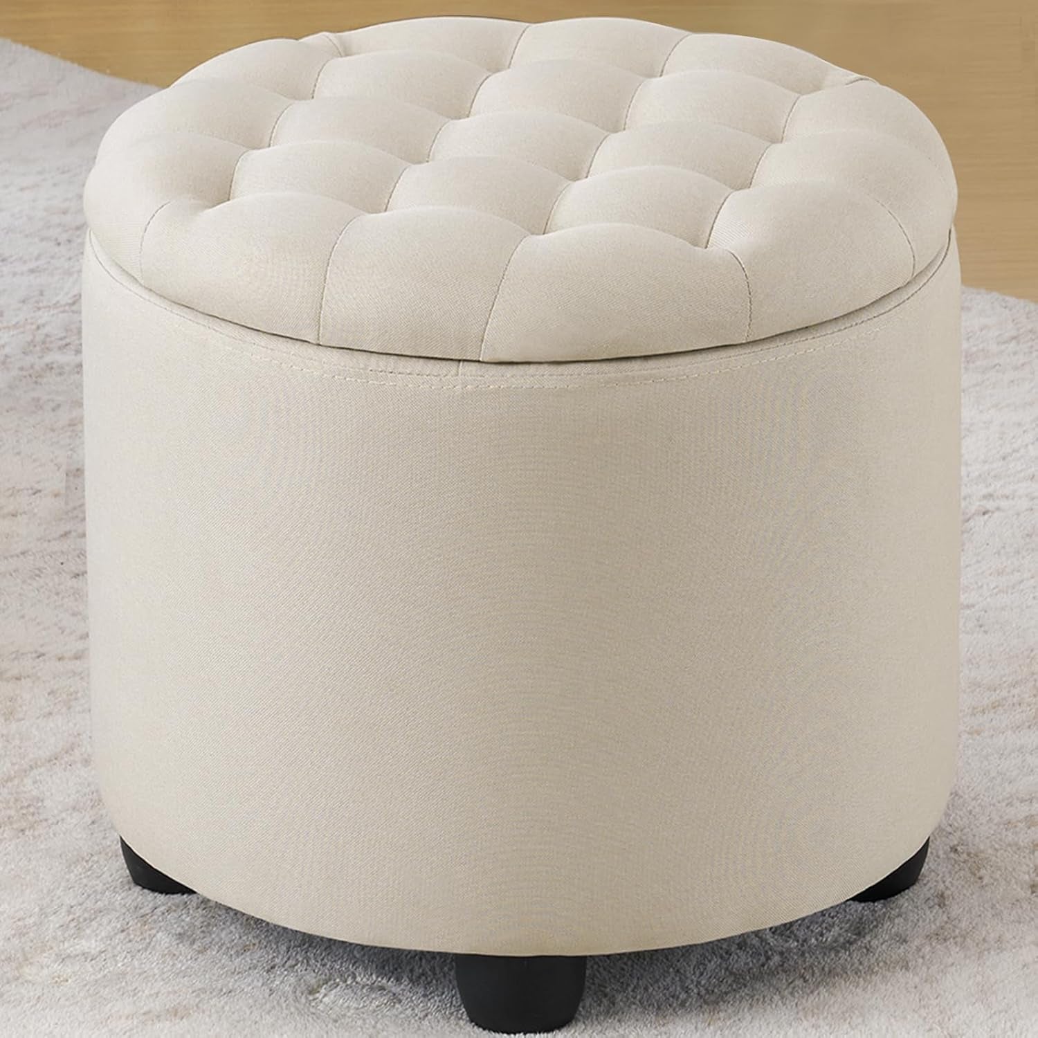 Modern round Storage Ottoman,Button Tufted Ottoman Foot Stools Ottoman Footstool with Removable Lid Storage Ottoman for Living Room, Bedroom, Makeup Room，Beige
