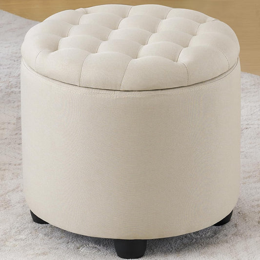Modern round Storage Ottoman,Button Tufted Ottoman Foot Stools Ottoman Footstool with Removable Lid Storage Ottoman for Living Room, Bedroom, Makeup Room，Beige