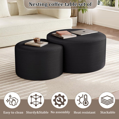 Nesting Coffee Table Set of 2, Upholstered round Corduroy Circle Foam round Side Table for Living Room, Entryway Set, 32"+17" Footrest No Assembly (Black, 32"+17")