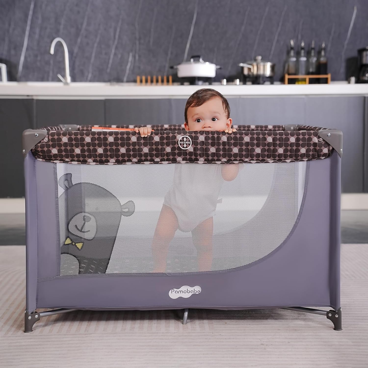 Portable Crib Baby Playpen with Mattress and Carry Bag Grey