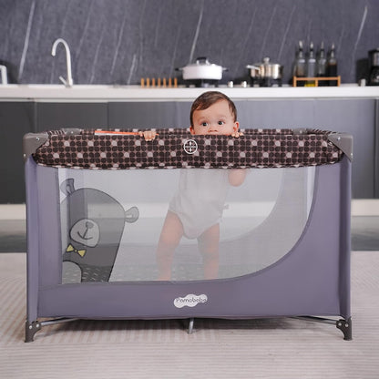 Portable Crib Baby Playpen with Mattress and Carry Bag Grey