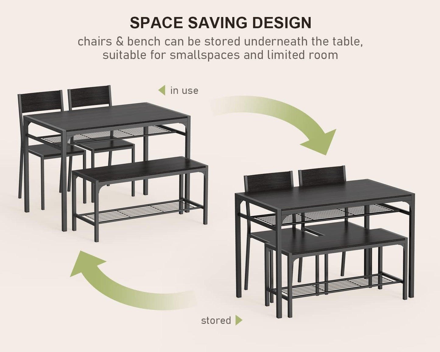 Kitchen Table and 2 Chairs for 4 with Bench, 4 Piece Dining Table Set for Small Space, Apartment